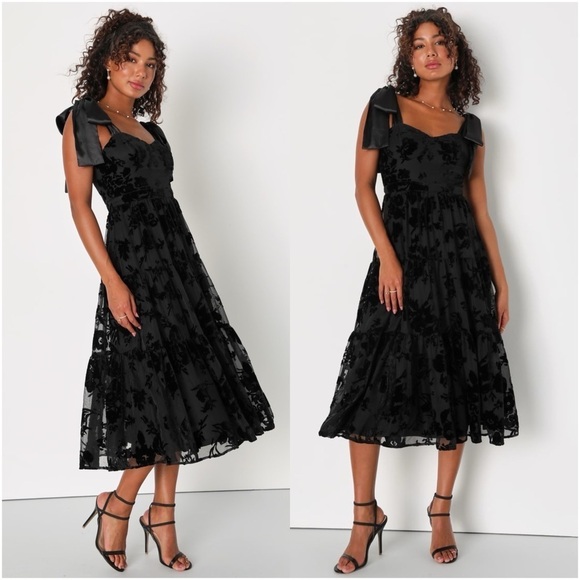 LULU’S Sweet Essence Black Floral Burnout Velvet Tie-Strap Midi Dress - Picture 1 of 3
